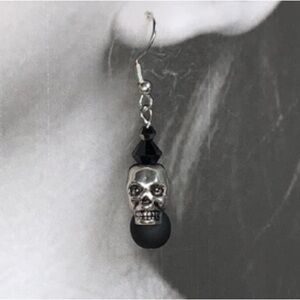 Handmade Drop Dangle Silvertone Skull Charm Pendant Earrings Halloween Themed